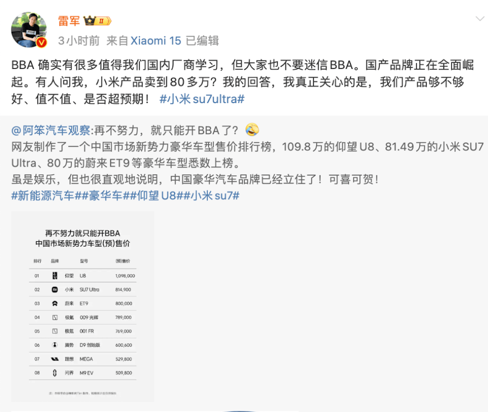 小米汽车卖到80多万<strong></p>
<p>黄金理财产品</strong>，网友称再不努力只能开BBA！雷军：不要迷信BBA